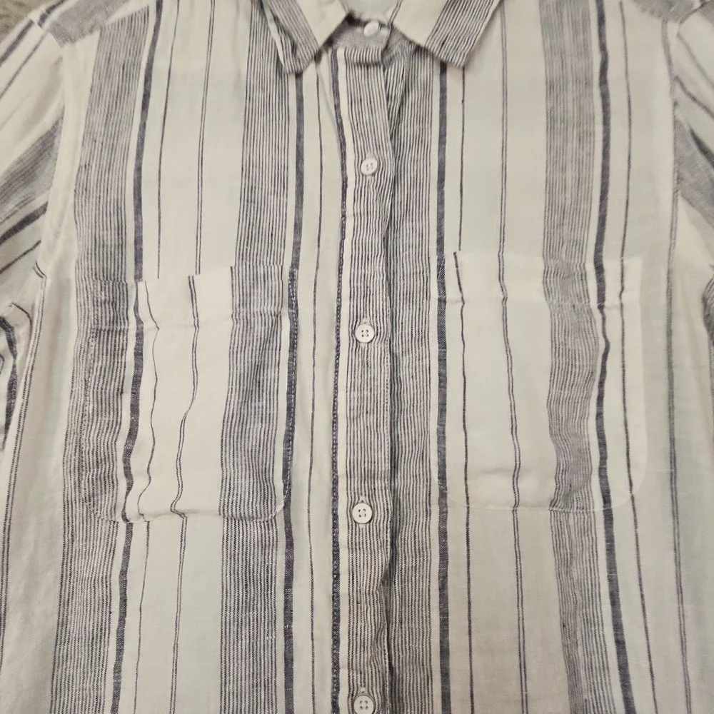 Athleta Shirt Womens XS White 100% Linen Striped Roll Tab L/S Top Coastal Beach‎